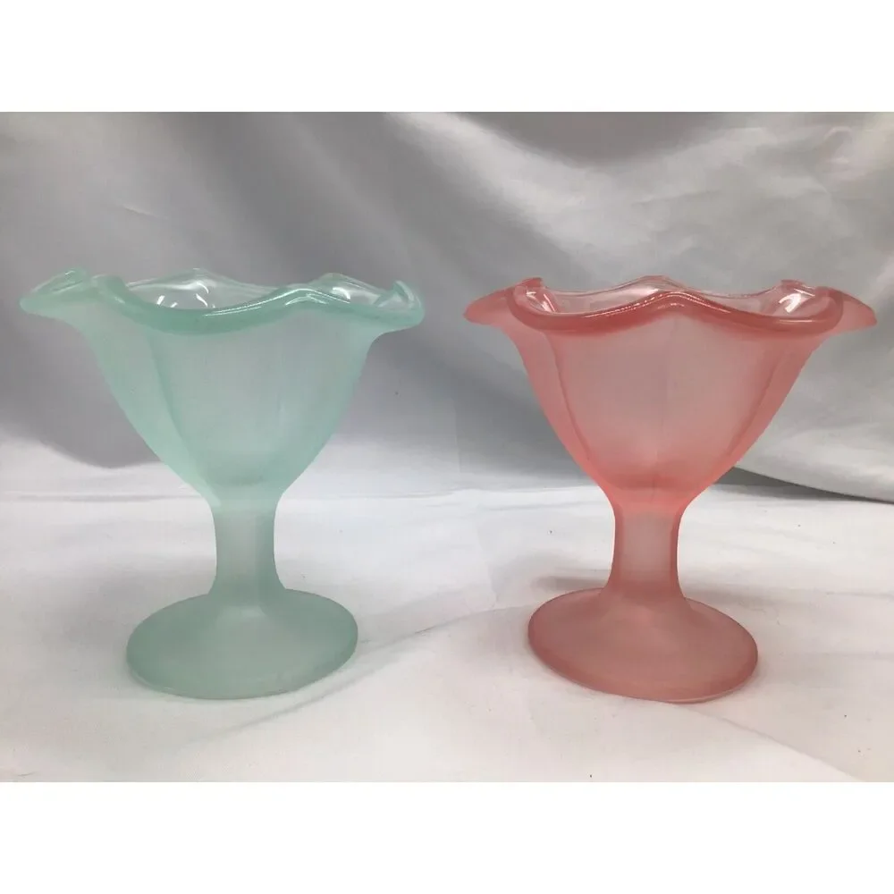 Pair Satin Glass Ice Cream Dishes Old Fashion Sundae Party Mid Century